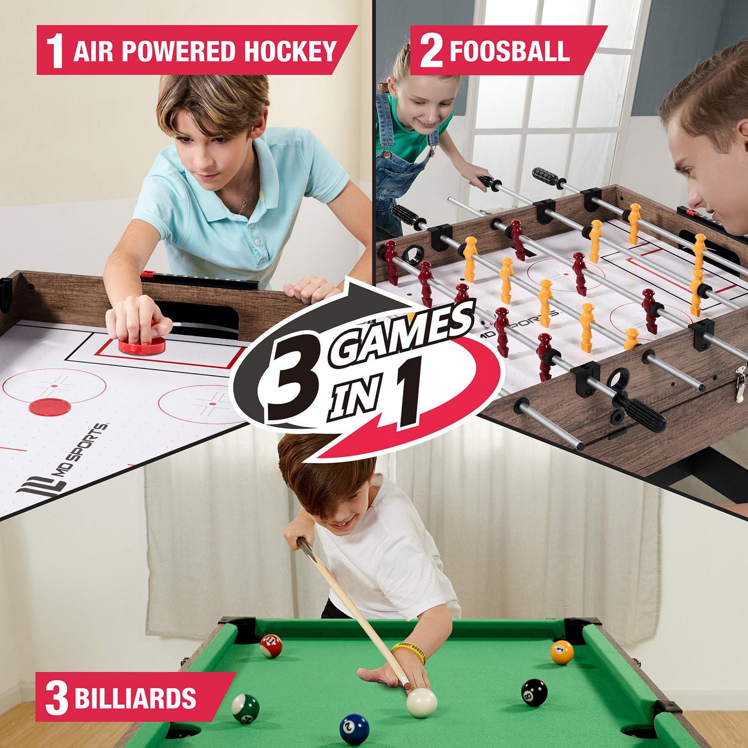 Table de jeu combinée de 48 po, air hockey, baby-foot et billard, table multi-jeux par MD Sports