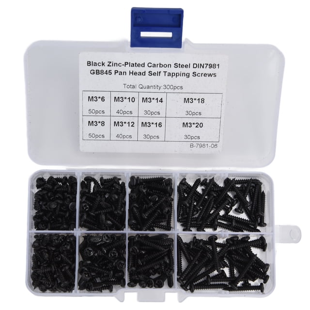 300Pcs Autotaraudage Vis Cross Pan Combinaison Ensemble Kit Assortiment Acier au Carbone M3 Noir