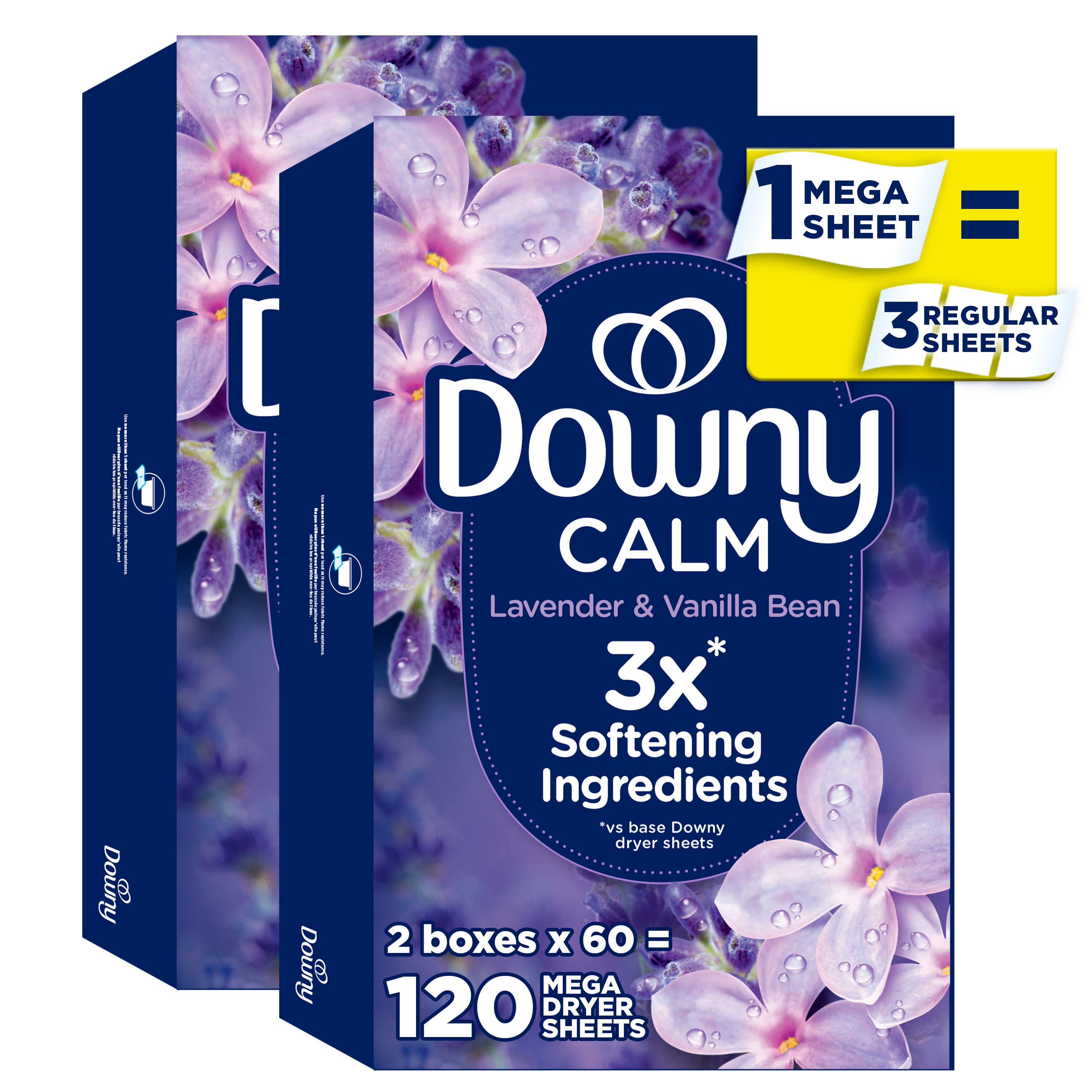 Downy Calme, Feuilles Assouplissantes Méga pour Sécheuse, Assouplissant pour la Lessive, Lavande et Gousse de Vanille 120CT