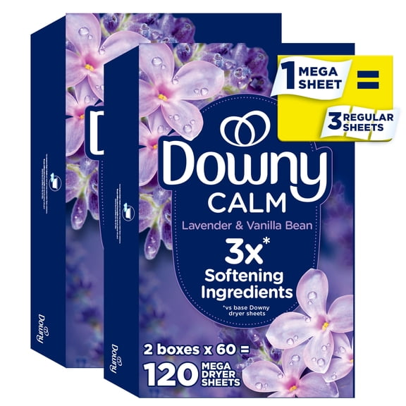 Downy Calme, Feuilles Assouplissantes Méga pour Sécheuse, Assouplissant pour la Lessive, Lavande et Gousse de Vanille 120CT