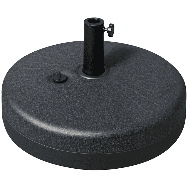 Outsunny Base de Parasol de Patio Robuste de 48 lb avec Mât en Acier pour Terrasse Noir. un Support de Parasol Rond en HDPE avec une Finition Noire Texturée, Doté d'Un Support de Mât en Acier avec un Bouton de Serrage Latéral pour Fixer des Mâtx de Parasol de 1,5 Pouce (3,8 cm) Ou 1,9 Pouce (4,8 cm) de Diamètre. la Base Est Remplissable d'Eau, Pèse 48 lb (22 kg) Lorsqu'elle Est Remplie, et Comprend une Poignée à Rainure Inférieure pour un transport Facile. Convient à une Utilisation
