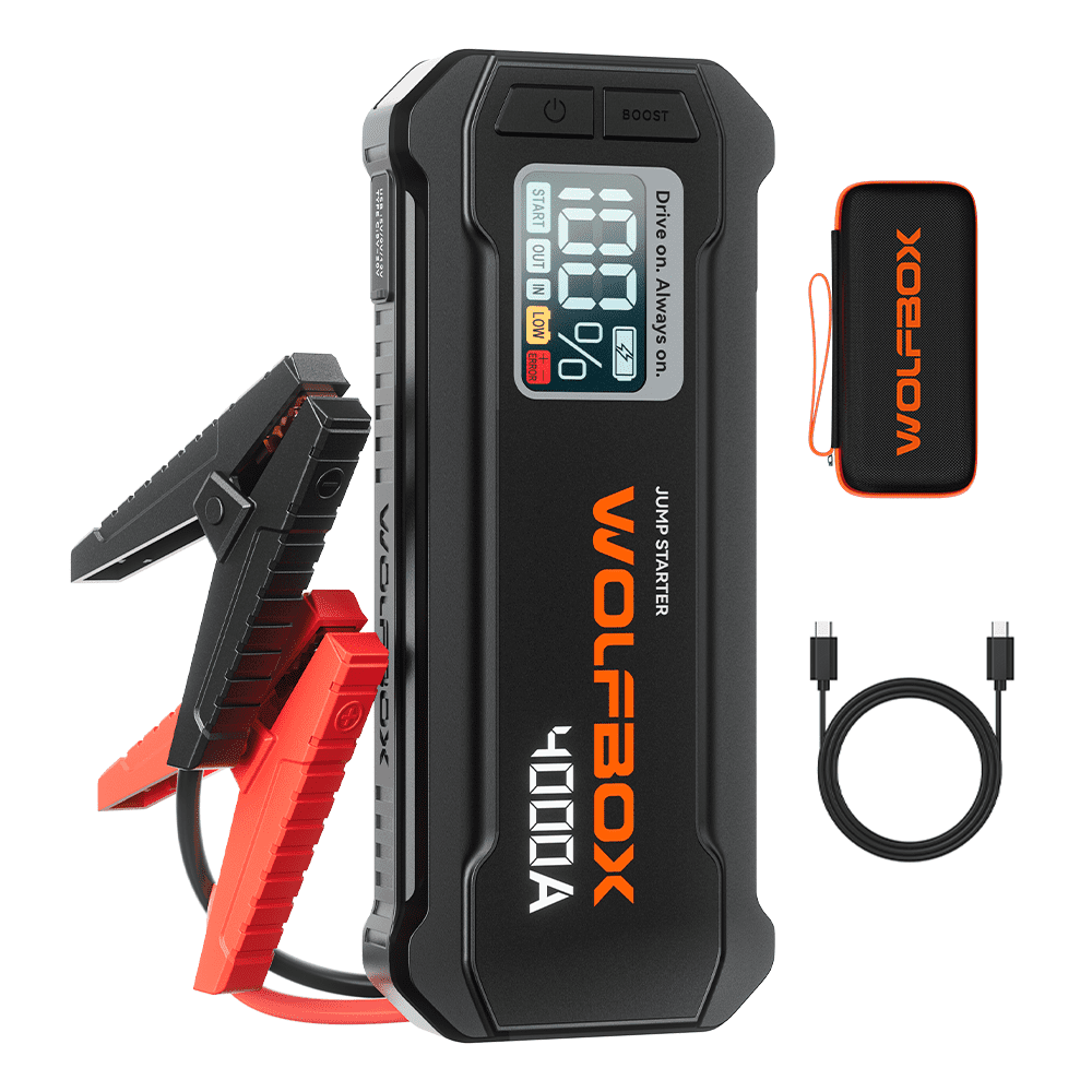 WOLFBOX 4000A Car Jump Starter, Portable Battery Booster Pack with Jump Box and Jumper Cables for 10L Gas and Diesel Engines, Black