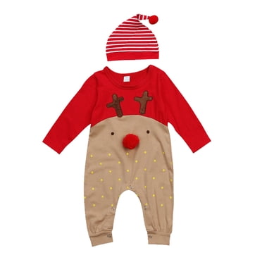 1 Set of Red Nose Reindeer Cartoon Long Sleeve Christmas Cute Stripe Hat Jumpsuit Pajama for Girls Newborn Boys Baby