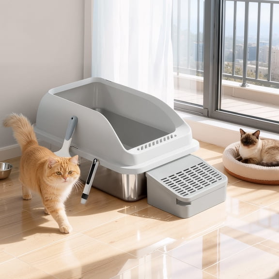 Bac à Litière pour Chat en Acier Inoxydable, Plateau à Litière à Dessus Ouvert à Bords Hauts avec Marche et Pelle, pour Chats jusqu'à 33 lb, Gris Dove