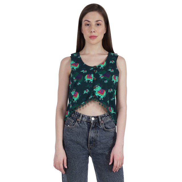 Moomaya Printed Tassels Crop Top For Womens Summer Button Down Sleeveless Blouse