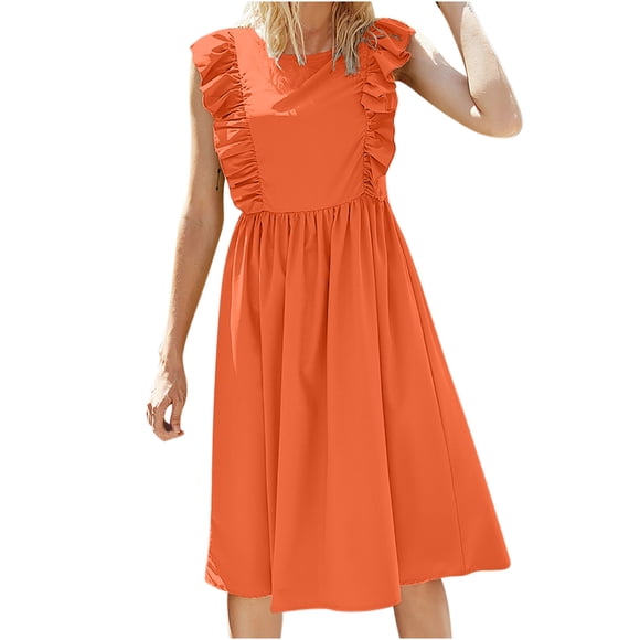 Yuyuzo Summer Dresses for Women 2025 Sleeveless Ruffle Crewneck Loose Midi Dress Solid Casual Flowy Swing Beach Tank Sun Dress
