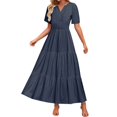 thumbnail image 1 of HXWCHs Robe de Travail Décontractée pour Femme, Fluide, Col en V, Taille à Nouer, Robe d'Été Décontractée, Confortable, Plage, Évasée, Maxi pour la Saison du Printemps, Bleu Marine, M, 1 of 7