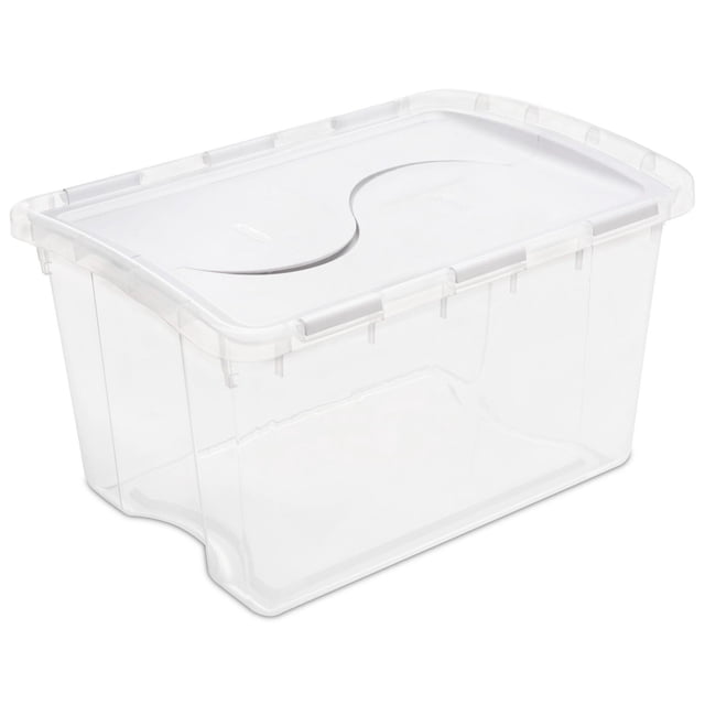 Sterilite 45L hinged lid white storage box with clear base and opaque hinged lid featuring integrated contoured handles and secure stacking, suitable for organizing seasonal items, sports equipment, or household supplies.