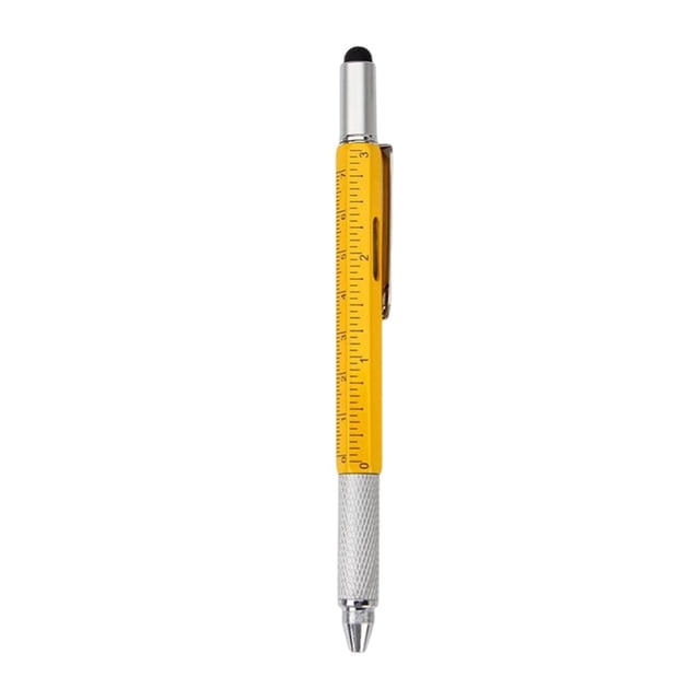 Shangren 6 in 1 multitool pen in yellow, featuring a built-in ruler, spirit level, ballpoint pen, touchscreen stylus, and hidden flat-head and Phillips screwdrivers. Made of durable metal with a compact, portable design. The pen measures 14.9 cm (5.87 inches) in length and includes black ink for writing. Ideal as a gift for men on occasions like Christmas, Thanksgiving, or Valentine's Day.