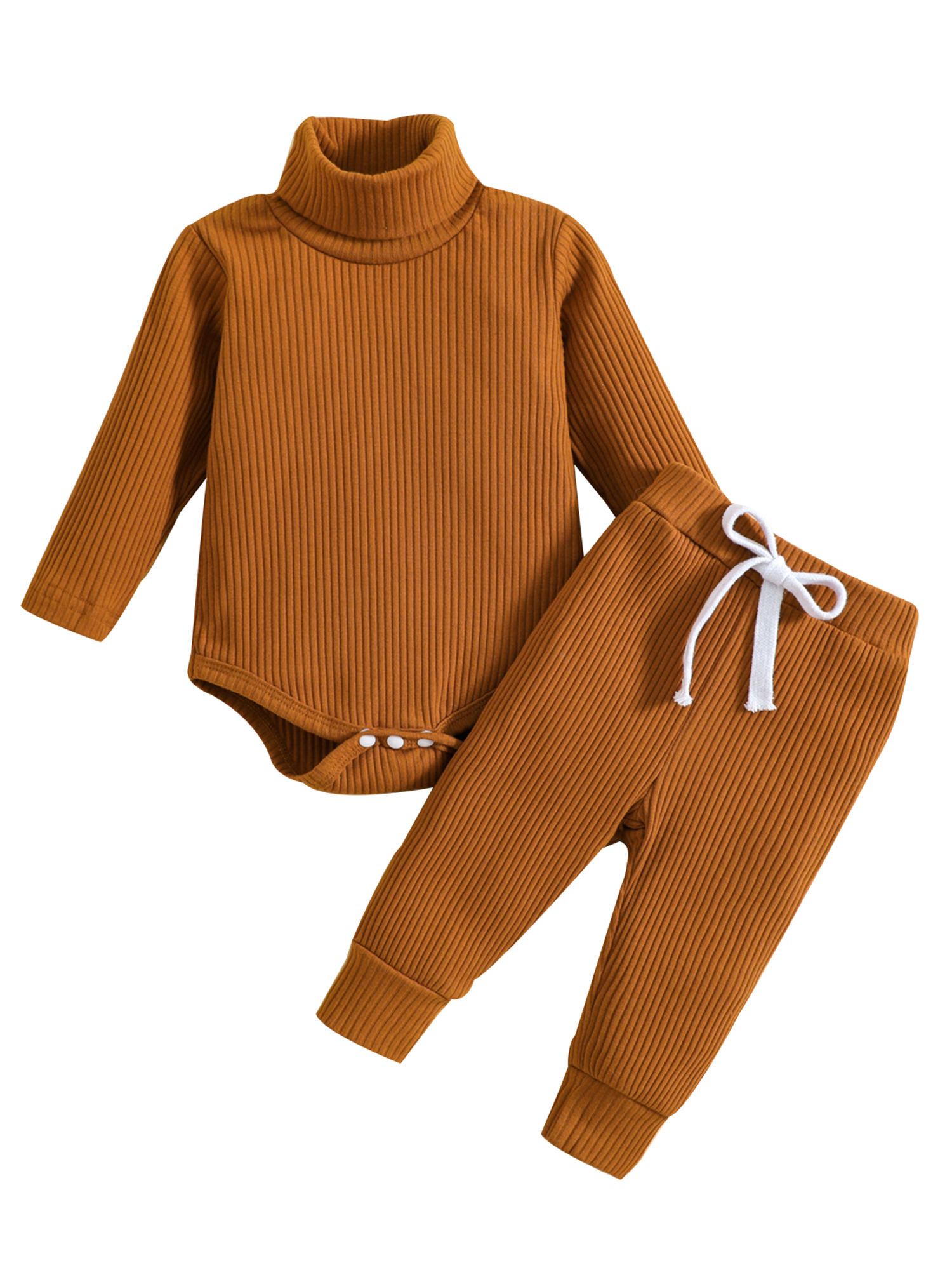 FOCUSNORM Newborn Baby 2 Pcs Fall Clothes Pants Set Baby Girl Boy Winter Ribbed High Neck Romper Pants Outfits Infant Clothing