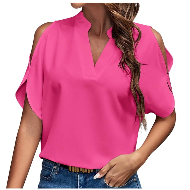 FAIWAD Summer Tops for Women Off The Shoulder V Neck Shirts Solid Color Going Out Blouses