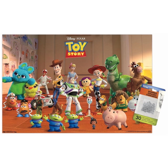 Disney Pixar Toy Story 4 - Affiche Murale Collage, 22,375 Pouces x 34 Pouces Encadrée Mettant en Vedette un Groupe vibrant de Personnages de Histoire de jouets Incluant Buzz Lightyear, Woody, Jessie, Rex, Bullseye, Hamm, Slinky Dog, Forky, Mr. Potato Head, et Trois Extraterrestres Verts sur un Plancher de Bois avec des Dessins d'Enfants sur les Murs, Convient pour Décorer des Chambres, des Salles de Jeux Ou des Bureaux.
