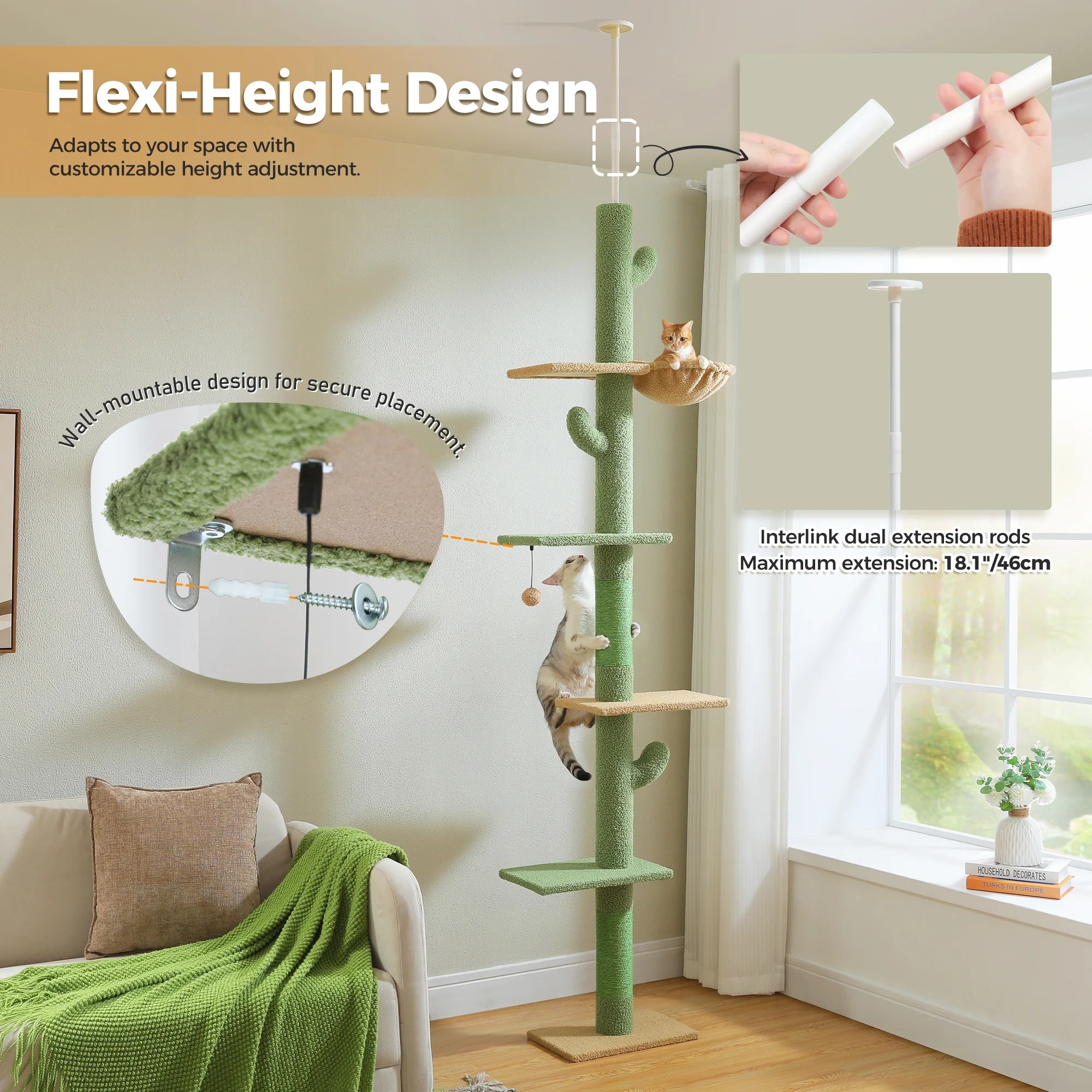 PAWZ Road Large Cactus Floor to Ceiling Cat Tree with Adjustable