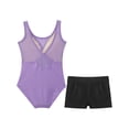 thumbnail image 4 of Moggemol Kids Girls Sheer Mesh Patchwork V-Back Dance Unitards Solid Color Sleeveless Bodysuit with Botty Shorts Set Purple 10, 4 of 7