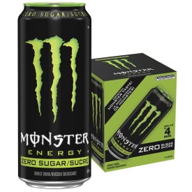 MONSTER ZERO SUGAR energy drink can in black with bright green claw logo and text, alongside a 4-pack box featuring the same design and zero sugar label, suitable for sugar-free energy boost and refreshment.