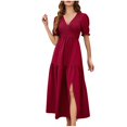 thumbnail image 2 of Pisexur Robe à Manches Courtes à Col en V Longueur Cheville Mode pour Femmes Automne Col en V Manches Courtes Couleur Unie Fente Robes Femmes Robes, 2 of 5