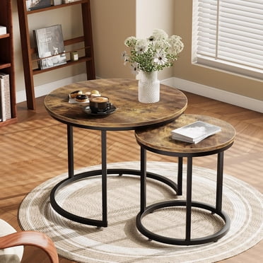 Semiocthome Modern Round Nesting Coffee Table Set,End Table Metal Frame for Living Room,23.6",Rustic Brown