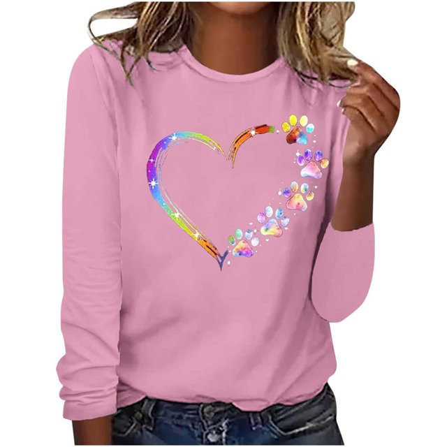 Jsaierl Hauts de la Saint-Valentin pour Femmes Tendance Coloré Patte de Chien Cœur Graphique T-Shirts Décontractés Col Rond Manches Longues