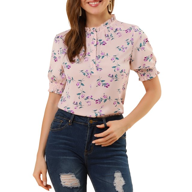 INSPIRE CHIC Women's Short Sleeve Ruffle Trim Neck Floral Print Blouses