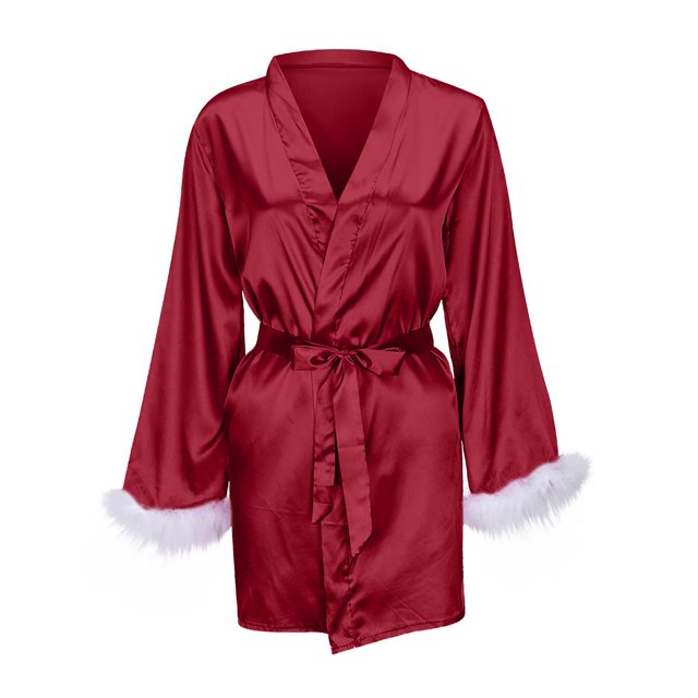 Ersazi Robe de Nuit pour Femmes à Manches Longues, Robe Aguichant Unie à Plumes pour Femmes, Ensemble 1 Pce en Liquidation, Rouge, P