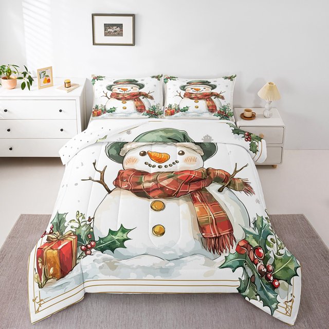 Cartoon Snowman Queen Comforter Set,Santa Claus Hat Bedding Set,Xmas Gift Down Comforter,Happy Winter Holiday Bed Set Microfiber