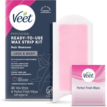 Veet® Professional™ Wax Strips with Easy Gelwax, Hair Removal, Remove the Shortest Hairs, Sensitive Formula, Legs & Body, 40 Count + 4 Wipes