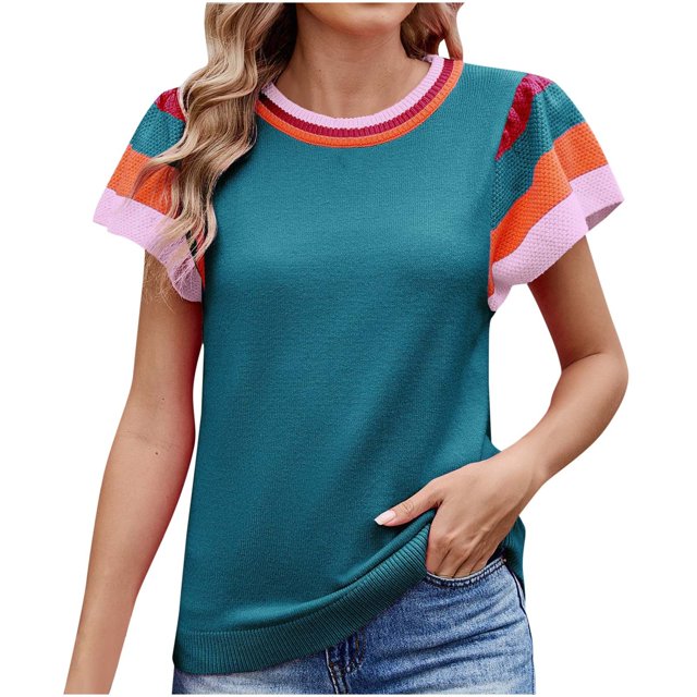 Pisexur Hauts pour Femmes Confort Printemps Hauts pour Femmes Nouveau Col Rond Tricot Design Color-Block Hauts Décontractés pour Femmes Chandail à Manches Courtes Doux, Hauts Mignons pour Femmes