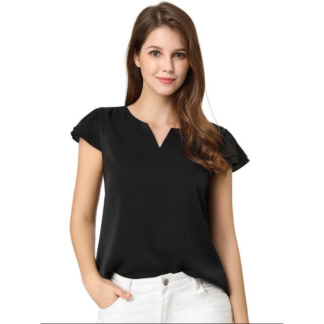 INSPIRE CHIC Women's Solid Blouse V Neck Ruffle Cap Sleeve Lightweight Work Blouse M Black