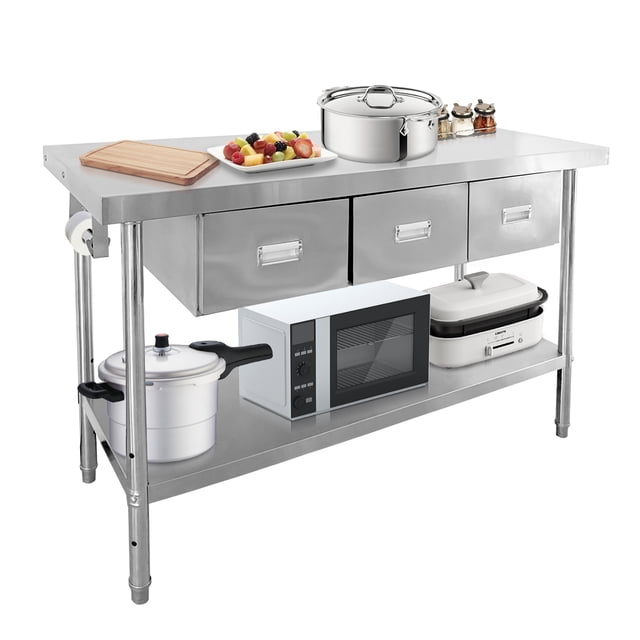 1460 lbs Stainless Steel Prep Table with 3 Drawers and Adjustable Shelf, 2 Tier Commercial Workbench for Restaurant Kitchen Food Service, 150 cm 180 cm