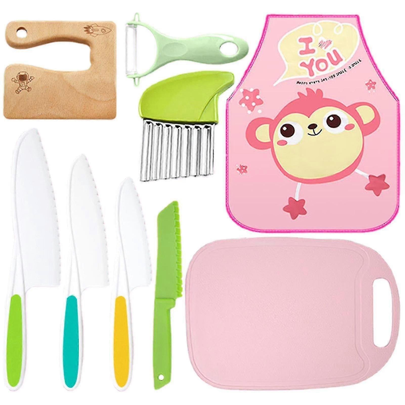 Children's Safe Wooden Knife Set with Plastic Potato Cutter & Peeler, 9-Piece Cooking Starter Kit for Toddlers