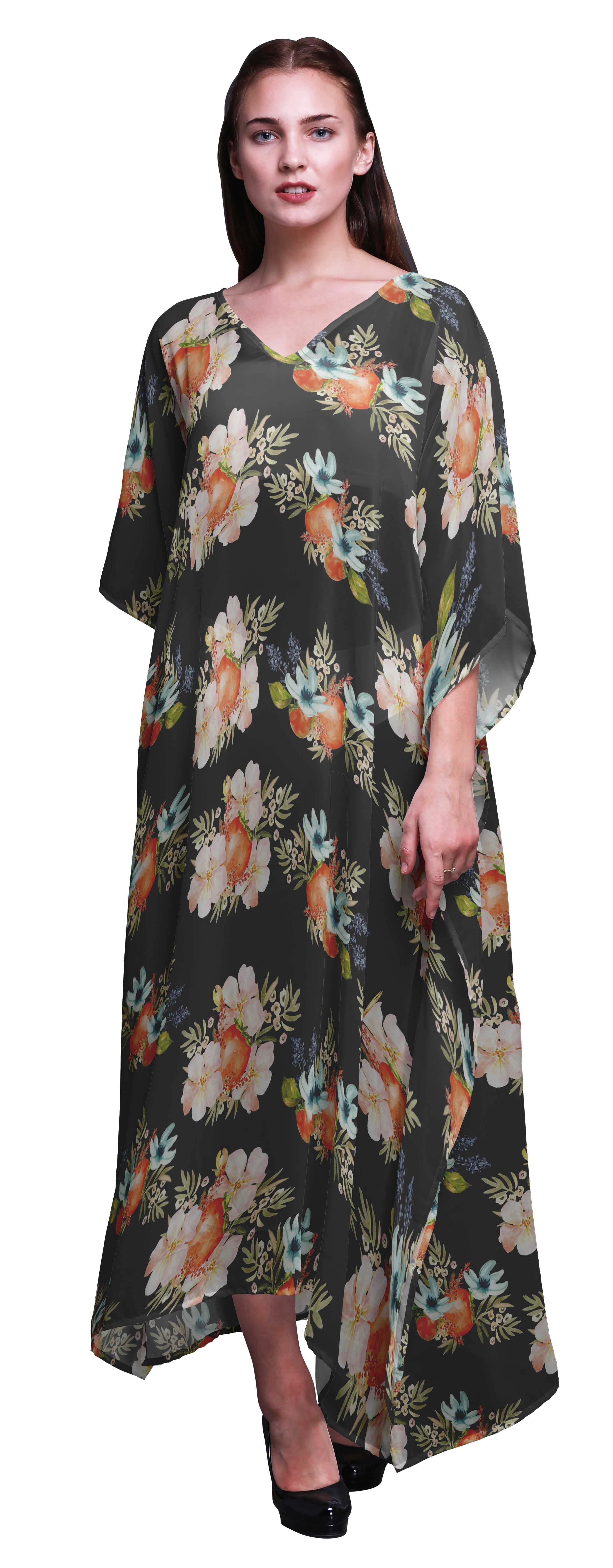 Bimba Robe Longue Caftan Maxi à Fleurs, Sortie de Plage, Maillot de Bain, Couvre-Maillot, Kaftan pour Femmes-P-L