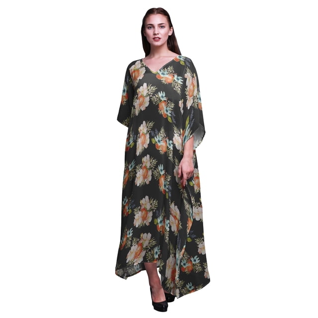 Bimba Robe Longue Caftan Maxi à Fleurs, Sortie de Plage, Maillot de Bain, Couvre-Maillot, Kaftan pour Femmes-P-L