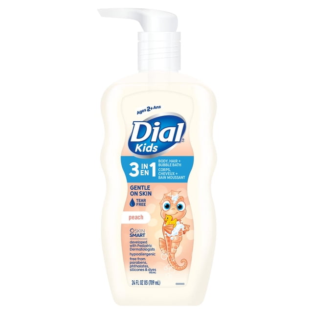 Dial Kids Peach 3IN1 Body, Hair + Bubble Bath in a 709mL white pump bottle featuring a cartoon seahorse holding a yellow rubber duck, designed for ages 2 and up, gentle, tear-free, hypoallergenic formula developed with pediatric dermatologists, free from parabens, phthalates, silicones, and dyes.