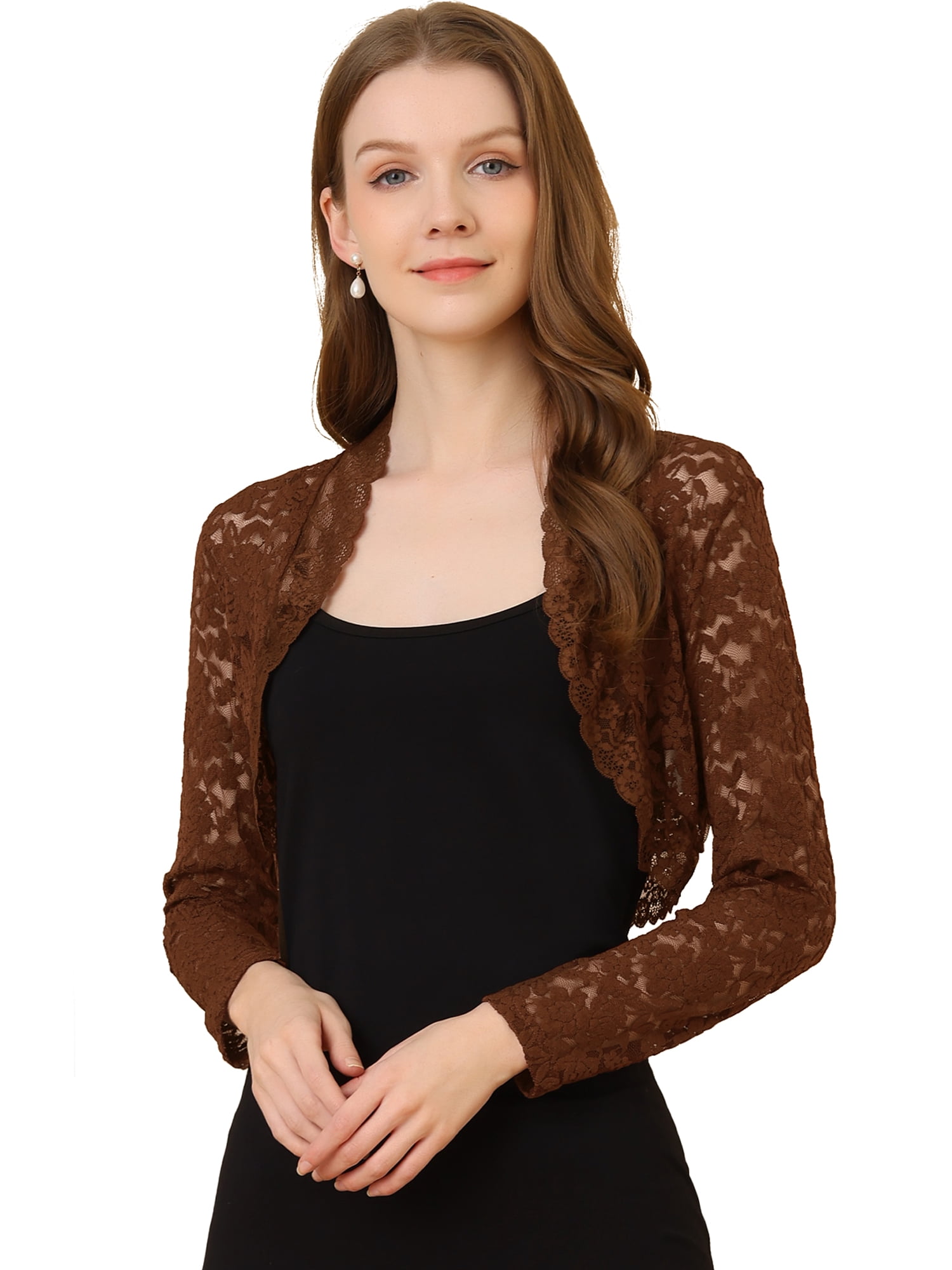 INSPIRE CHIC Boléro Court Ouvert en Dentelle Florale Transparente pour Femme P Brun