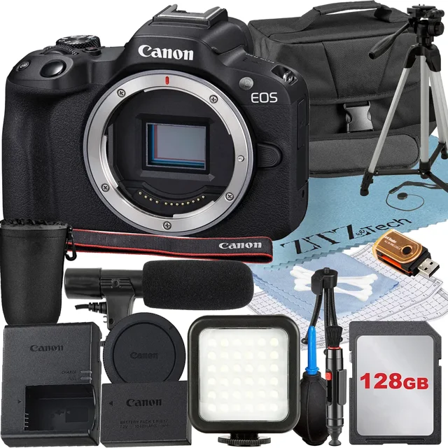 Canon EOS R50 Appareil Photo Sans Miroir (Boîtier) avec Carte Mémoire 128 Go + Étui + Flash LED + Ensemble d'Accessoires ZeeTech