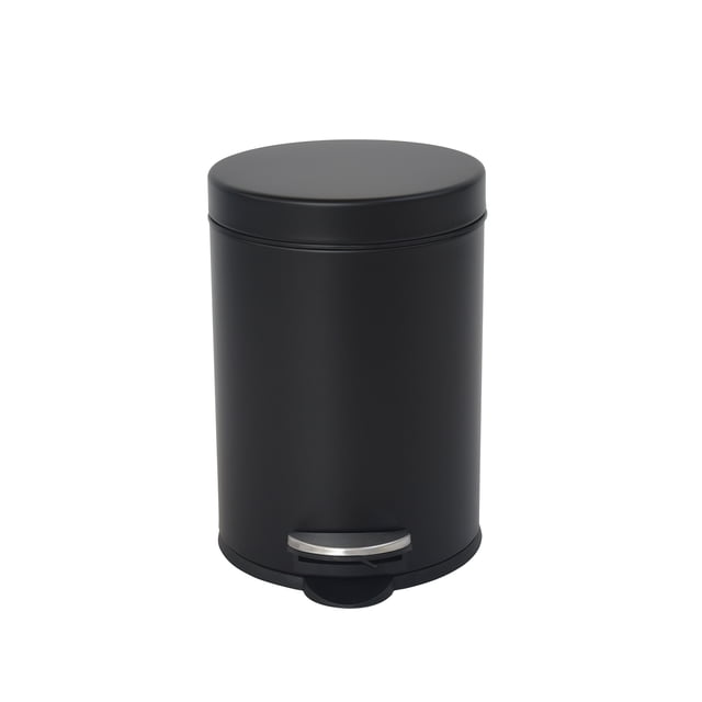 Mainstays 3L Step Waste Can in matte black with a cylindrical shape and round lid, featuring a stainless steel foot pedal for hands-free opening, suitable for compact trash and recycling storage in home organization.