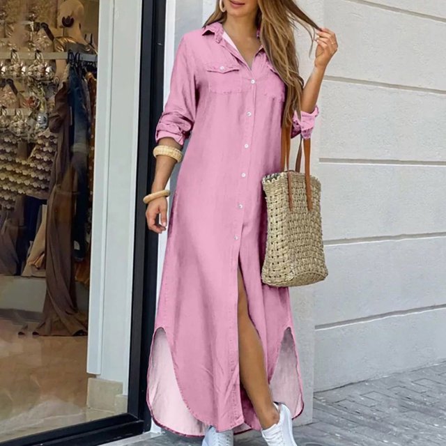 Robes Grande Taille pour Femmes aux Formes Été Couleur Unie Décontractées à Manches Longues Col Rabattu Robe de Plage Décontractée Maxi Robe d'Été Robes à Manches Longues pour Femmes en Liquidation
