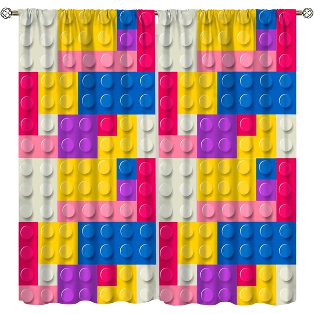 ICMOLYYENLO Rideau pour Garçon, Blocs de Rideaux, Jouet, Contour Abstrait, Imprimé Géométrique Coloré en Briques, Rideau pour Garçons et Filles, Chambre de Bébé, Rideaux 42x45 Pouces, 2 Panneaux
