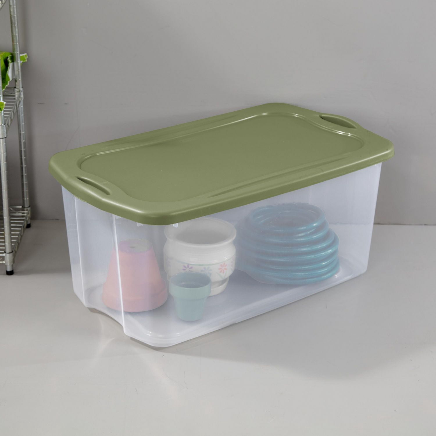 Sterilite 114 Liter EZ Carry, Extra Large Clear Plastic Storage Bin with Full-Grip Handles and Green Lid