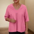 thumbnail image 2 of Savings Clearance! Womens Plus Size Tops,Summer Short Sleeve Blouse Tops for Womens,Women's Solid Color Blouses Raglan Mid Sleeve V-Neck Patchwork Pleated Top, 2 of 5
