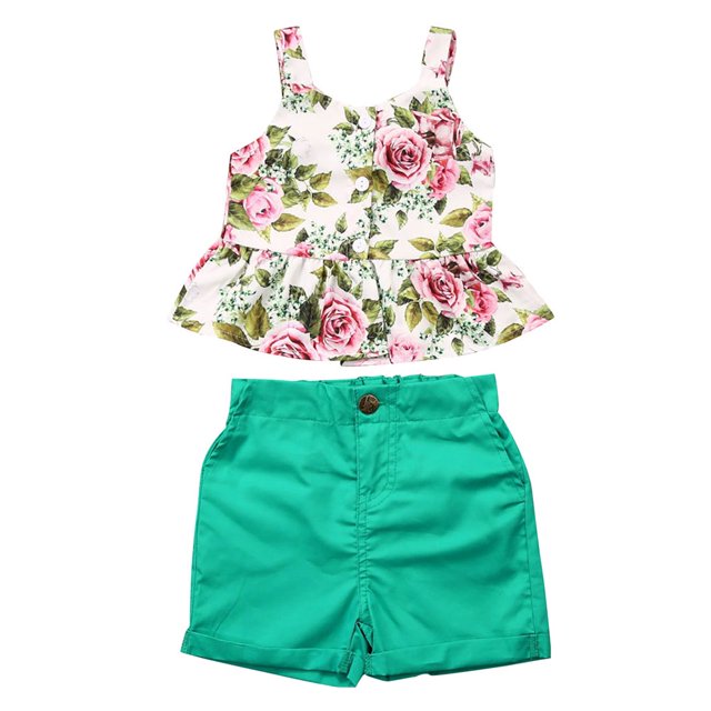 Toddler Girls Floral Print Cropped Tops+Solid Color Shorts Clothes Set