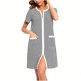 thumbnail image 1 of Peignoir Femme à Fermeture Éclair devant, Manches Longues, Rayé, Robe de Chambre Zippée Courte avec Poches, Noir, TTG, 1 of 5