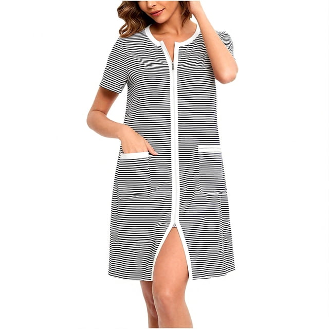 Peignoir Femme à Fermeture Éclair devant, Manches Longues, Rayé, Robe de Chambre Zippée Courte avec Poches, Noir, TTG