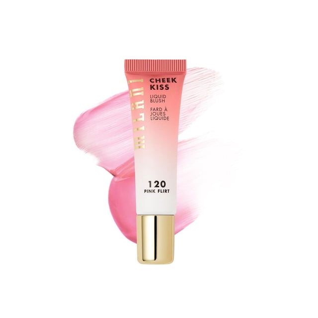 Milani Cheek Kiss Liquid Blush 120 Pink Flirt, a small pink-to-white gradient tube with gold cap, shown with pink blush swatches behind, featuring a lightweight, blendable liquid formula for cheeks and lips with a luminous finish.
