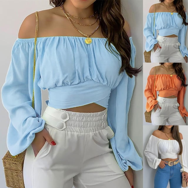 Woman's Strapless Long Sleevesolid Color Off Shoulder Ruched Lantern Sleeve Crop Tops,Summer Plus Size Loose Fitting Tops For Women Sale