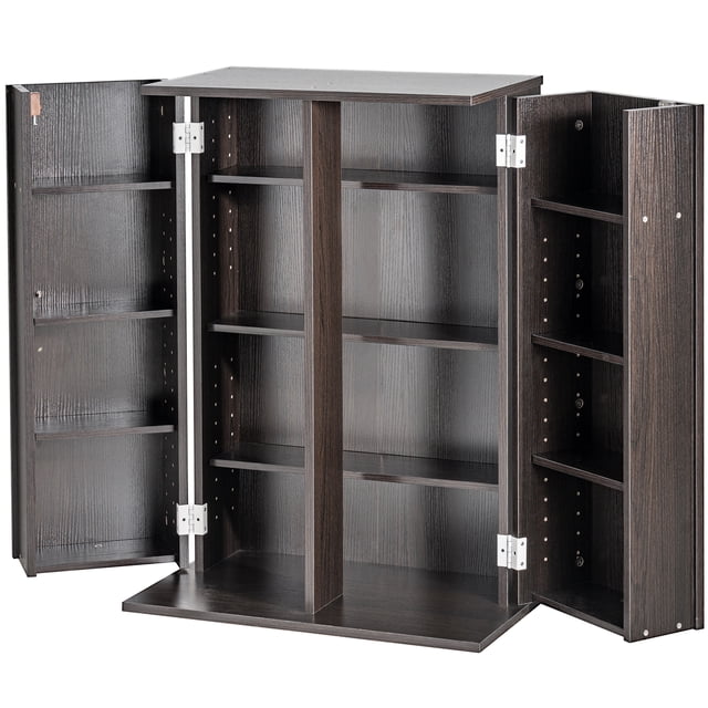 KFFKFF Armoire de Rangement Multimédia avec 4 Tablettes Ajustables, Fini espresso, Conçue pour Contenir jusqu'à 576 CD Ou DVD. l'Armoire Présente une base Robuste pour la Stabilité, des Portes à Charnières avec des Compartiments de Rangement Supplémentaires et des Hauteurs d'Étagère Personnalisables pour une Organisation Polyvalente. Comprend des Connecteurs Anti-Basculement pour la Sécurité et des Étiquettes de classification kraft pour une Catégorisation Efficace. les Dimensions Sont de 24,02 X 14,49 X 33,31 Pouces.