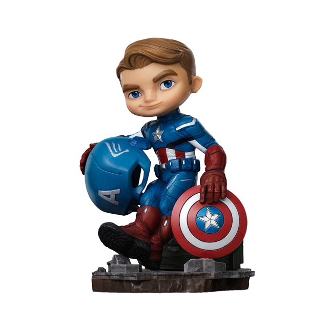 Marvel - Captain America - Saga de l'Infini - Figurine Articulée de Collection MiniCo par Iron Studios, Présentant une sculpture en PVC Peinte à la Main de Captain America dans Sa Tenue Classique Rouge, Blanche et Bleue. la Figurine Est Posée Tenant Son Bouclier et Son Casque, Debout sur une base Détaillée. les Dimensions Sont de 5,3 Pouces de Haut, 3,8 Pouces de Large et 3,8 Pouces de Profondeur. sous Licence Officielle et Emballée dans une Boîte-Vitrine Colorée, Idéale pour les Collectionneurs et les fans