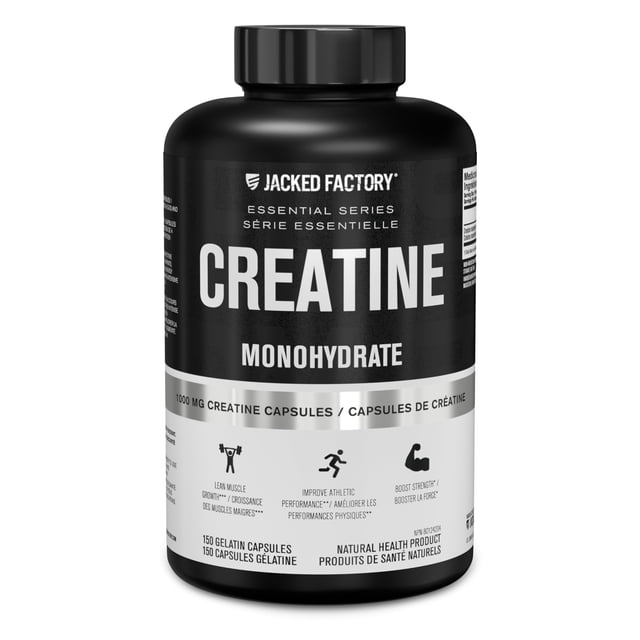 Jacked Factory Creatine Monohydrate Capsules, a Canadian-owned supplement with 150 pills in a black and silver bottle. Each capsule contains 1000mg of pure creatine monohydrate, supporting muscle growth, increased strength, enhanced energy output, and improved athletic performance. The label highlights benefits such as lean muscle growth, improved athletic performance, and boosted strength. Made in a cGMP-certified facility, this supplement is free of harsh chemicals and fillers. Ideal for those seeking convenient creatine pills or tablets for pre- or post-workout use.
