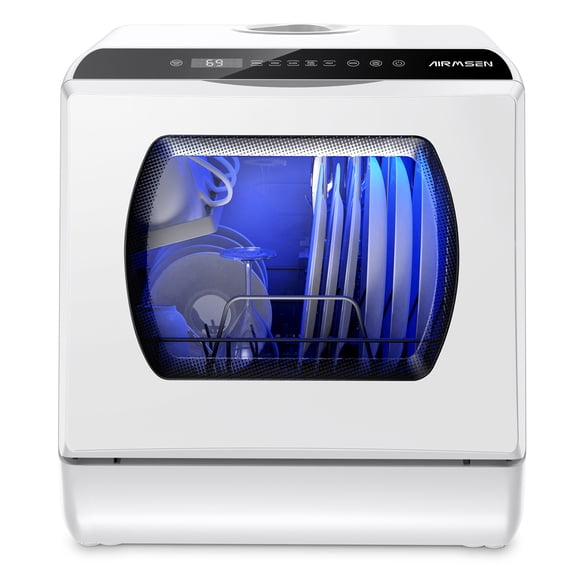 AIRMSEN Lave-vaisselle de Comptoir Portable avec Réservoir d'Eau Intégré de 5 Litres et Fonction de Séchage à l'Air, 5 Programmes de Lavage, AE-TDQR03