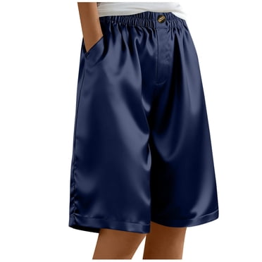 Oksale Women's Bermuda Shorts with Pockets Casual Loose Knee Length Satin Shorts Elastic Waisted Lounge Shorts Navy XXL